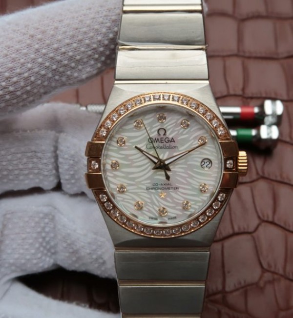 Replica Omega V6 Constellation 35mm SS White Dial Diamonds   Bezel Markers RG Bezel A2500