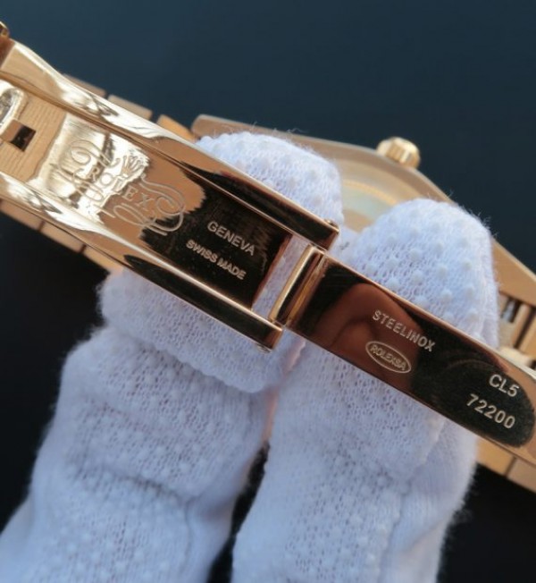 Replica Rolex Day-Date II RG Gold Dial Diamonds Bezel White/Red Crystal Markers RG Bracelet A3255