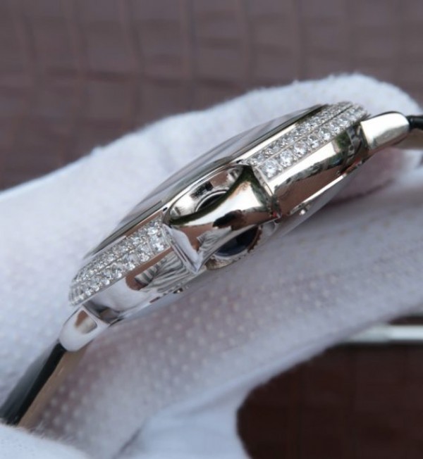 Replica Cartier Ballon Bleu Tourbillon SS Diamond Bezel Black Leather Strap