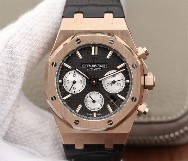 Replica Audemars Piguet Royal Oak Chronograph 26331 RG Black Dial Leather Strap A7750
