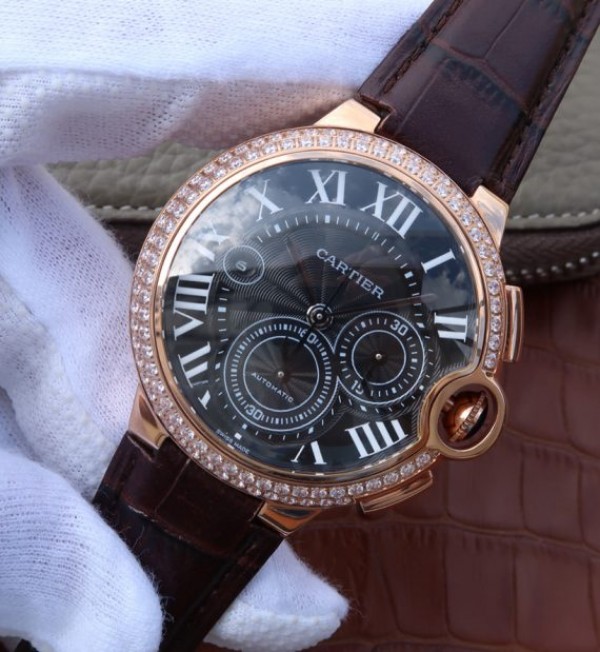 Replica Cartier Ballon Bleu De Cartier Chrono RG Black Dial Diamonds Bezel A8101