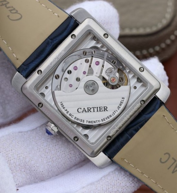 Replica Cartier Tank MC SS Blue Textured Dial Diamonds Bezel Leather Strap