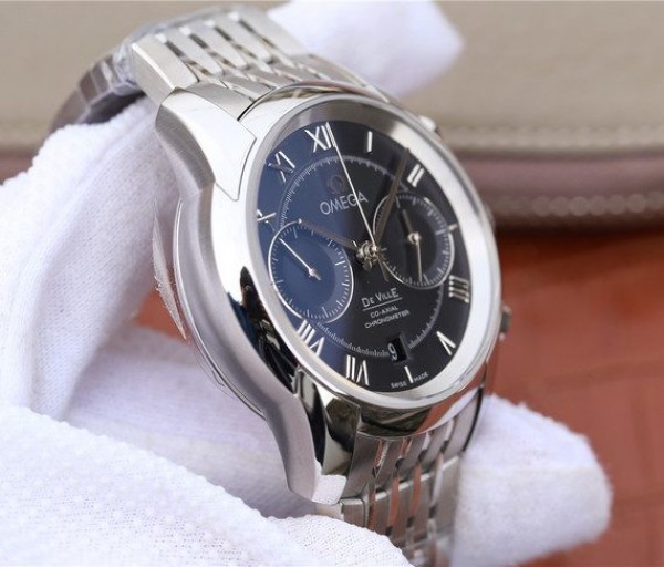 Replica Omega OMF De Ville Chronograph 42mm Black Dial SS Bracelet A9300