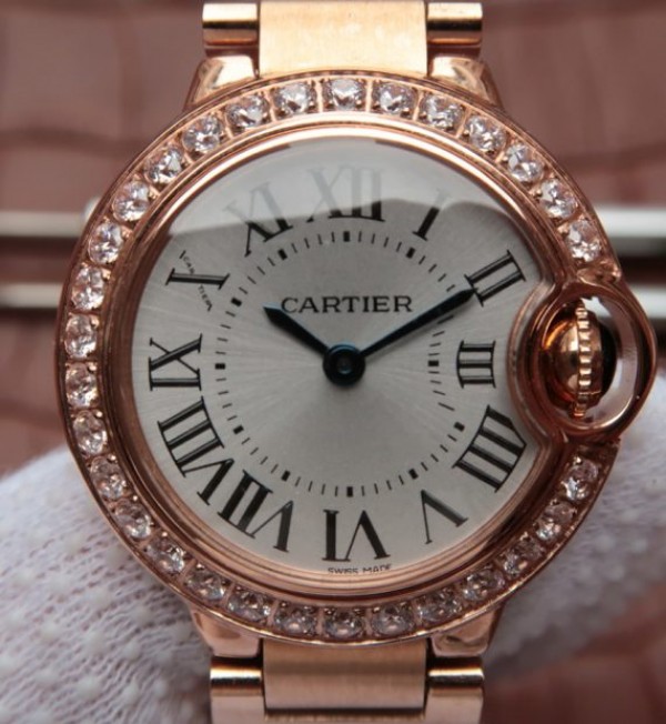 Replica Cartier Ballon Bleu 28mm RG Diamonds Bezel White Dial Bracelet Ronda Quartz