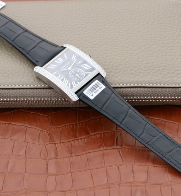 Replica Cartier Tank MC SS Black Dial Diamonds Bezel Leather Strap