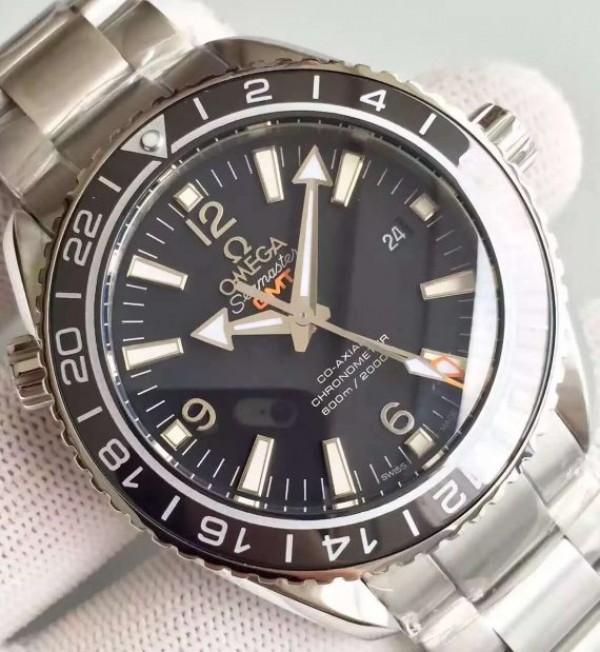 Replica Omega Planet Ocean SS GMT Black Dial Silver Markers SS Bracelet A8605