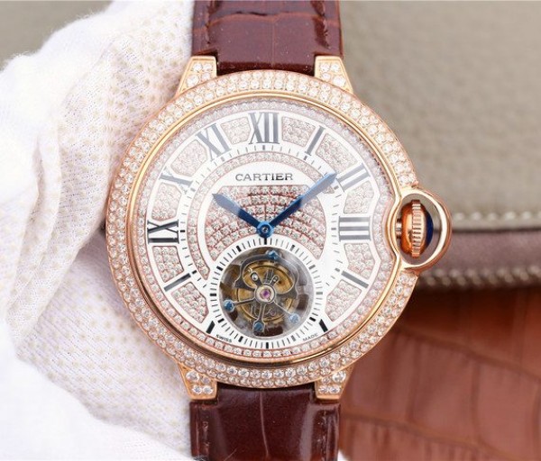 Replica Cartier Ballon Bleu de Cartier Tourbillon RG Full Paved Diamonds Leather Strap
