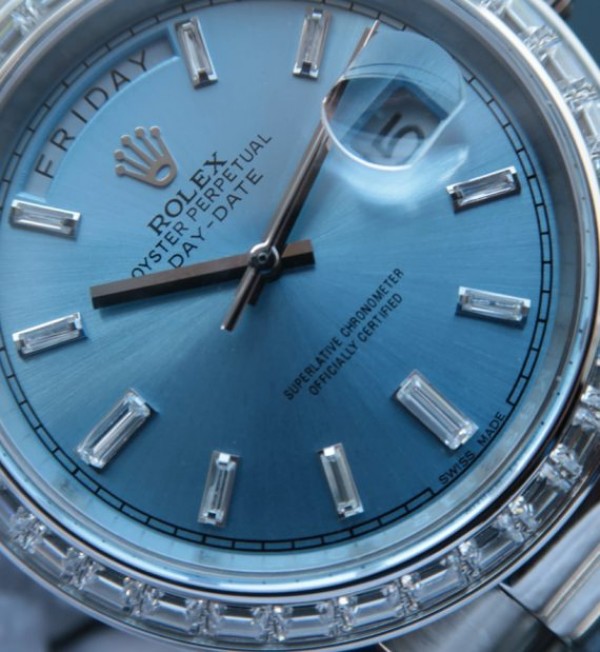 Replica Rolex Day-Date SS Diamonds Bezel Ice Blue Dial Crystal Markers SS Bracelet A3255