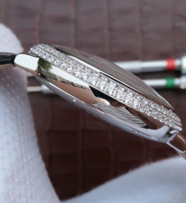 Replica Cartier Ballon Bleu Tourbillon SS Diamond Bezel Black Leather Strap