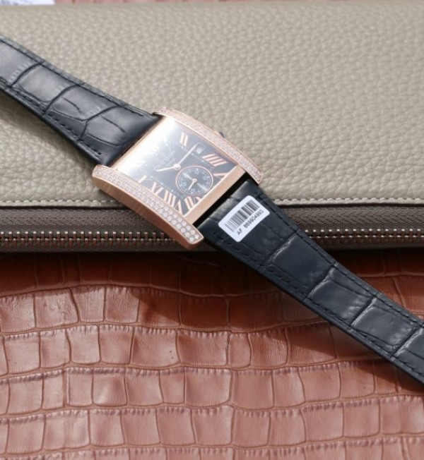 Replica Cartier Tank MC RG Black Textured Dial Diamonds Bezel Leather Strap