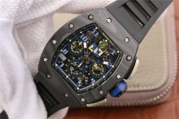 Replica Richard Mille RM011 SS Felipe Massa 10th Anniversary KVF Crystal Skeleton Dial Blue Black Rubber Strap A7750