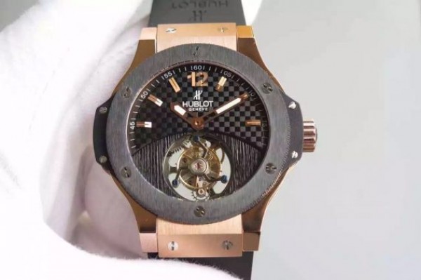 Replica Hublot Big Bang Tourbillon RG Black Textured Dial Black Rubber Strap