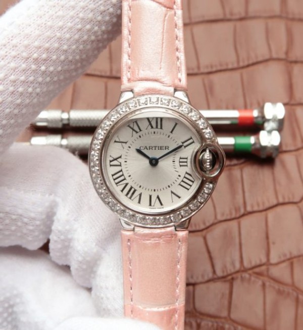 Replica Cartier Ballon Bleu 28mm SS Diamonds Bezel White Dial Ronda Quartz