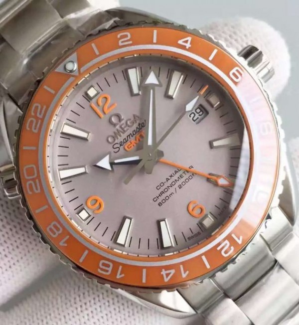 Replica Omega Planet Ocean SS GMT Gray Dial Orange Bezel SS Bracelet A8605