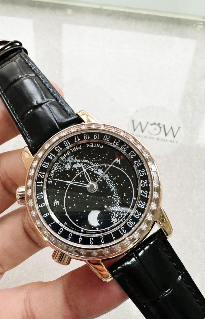 Replica PATEK PHILIPPE 6104P Moon RG Black Dial Diamond Bezel on Black Leather Strap A240 V2