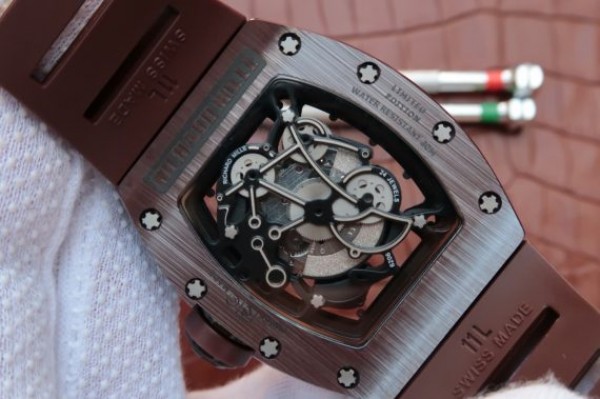 Replica Richard Mille RM055 Brown Ceramic Brown Inner Bezel Skeleton Dial Brown Rubber Strap MIYOTA8215