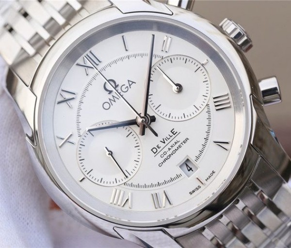 Replica Omega OMF De Ville Chronograph 42mm White Dial SS Bracelet A9300