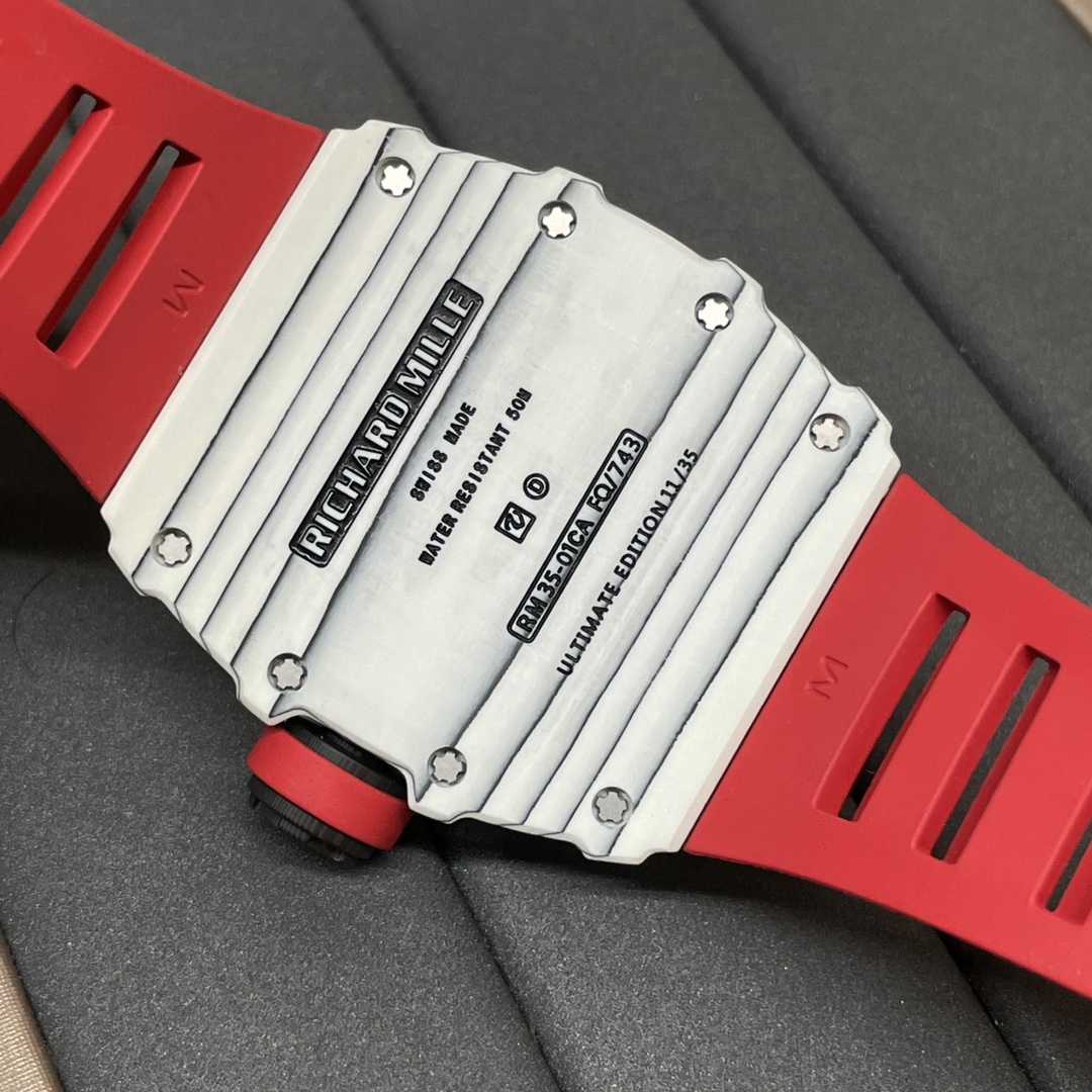 Richard Mille RM 35-01 Replica Rafael Nadal White Carbon Case Red Strap Watch | Swiss Movement, Skeleton Dial