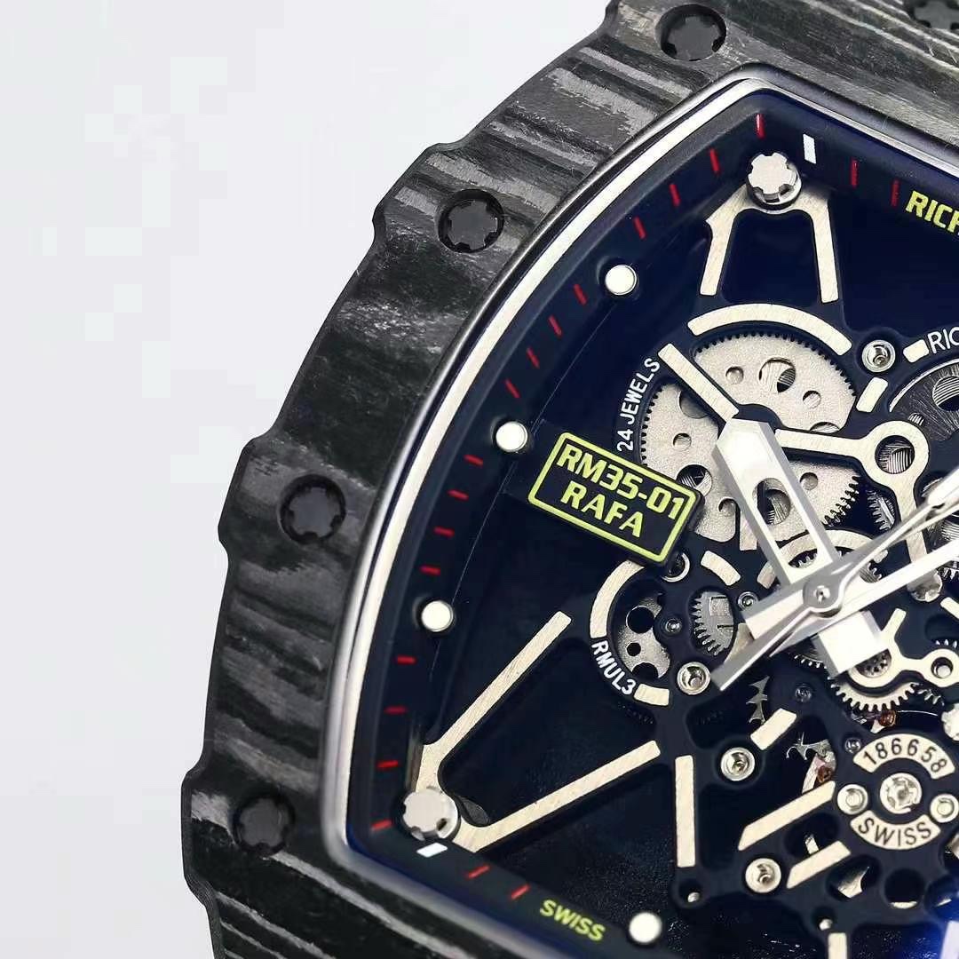 Richard Mille RM 35-01 Rafael Nadal Replica Swiss Watch – Skeleton Dial, NTPT Carbon Case, Black Rubber Strap
