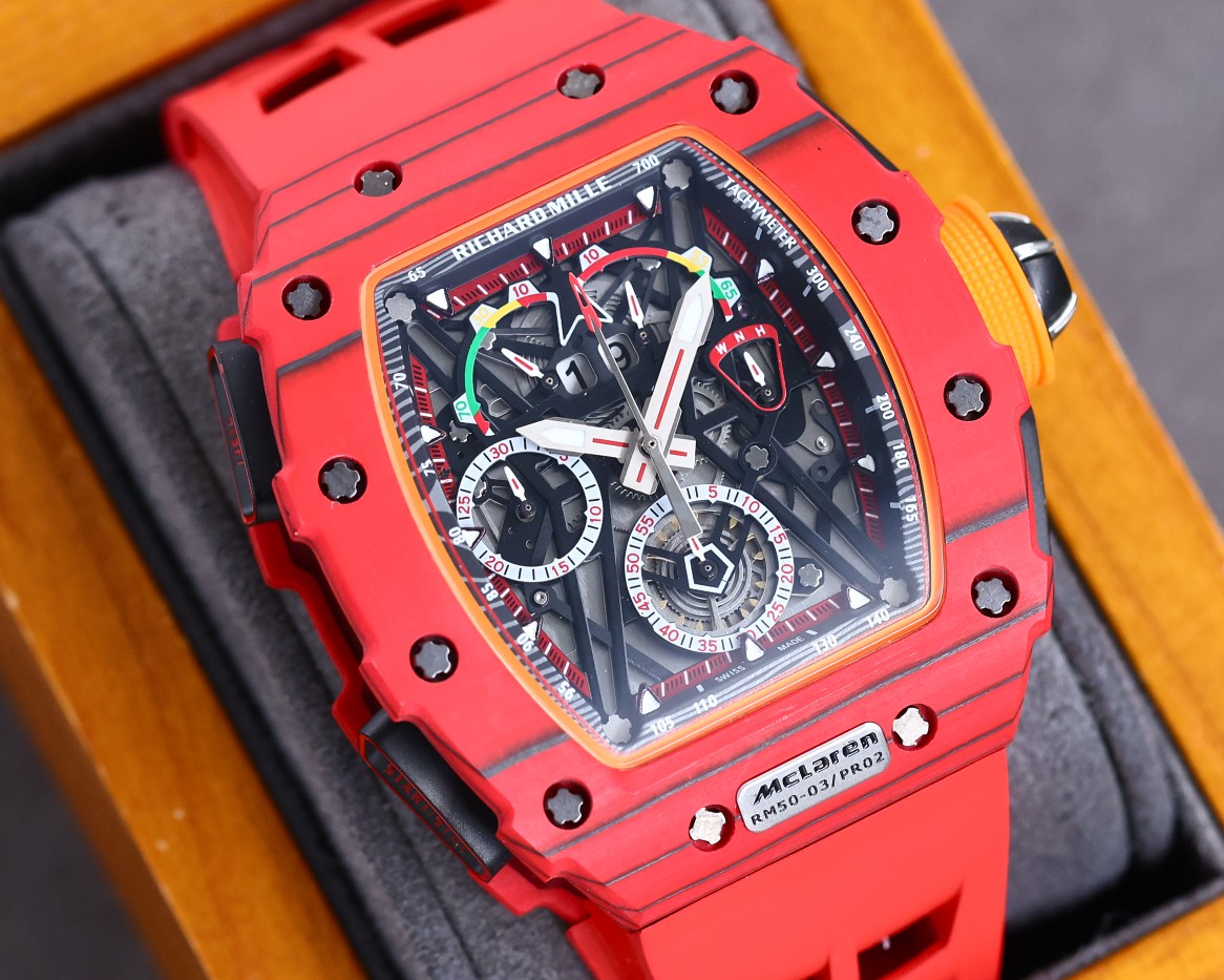 Best Richard Mille RM 50-03 Mclaren Replica Red Strap Watch For Men – Red Carbon Skeleton Dial with Swiss Movement