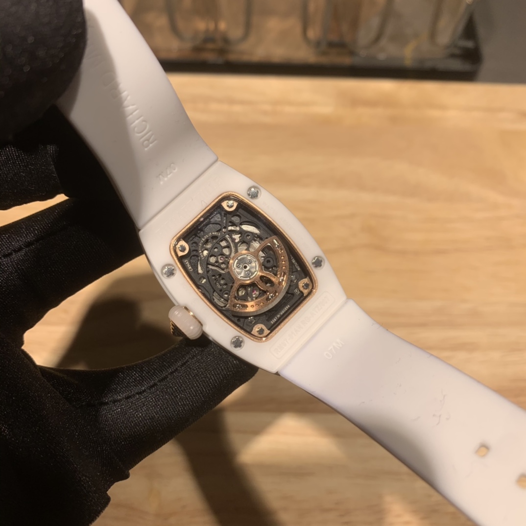 Elegant Swiss Richard Mille RM 07-01 Replica White Ceramic & Rose Gold Diamond Dial Watch – Luxury Style For Women