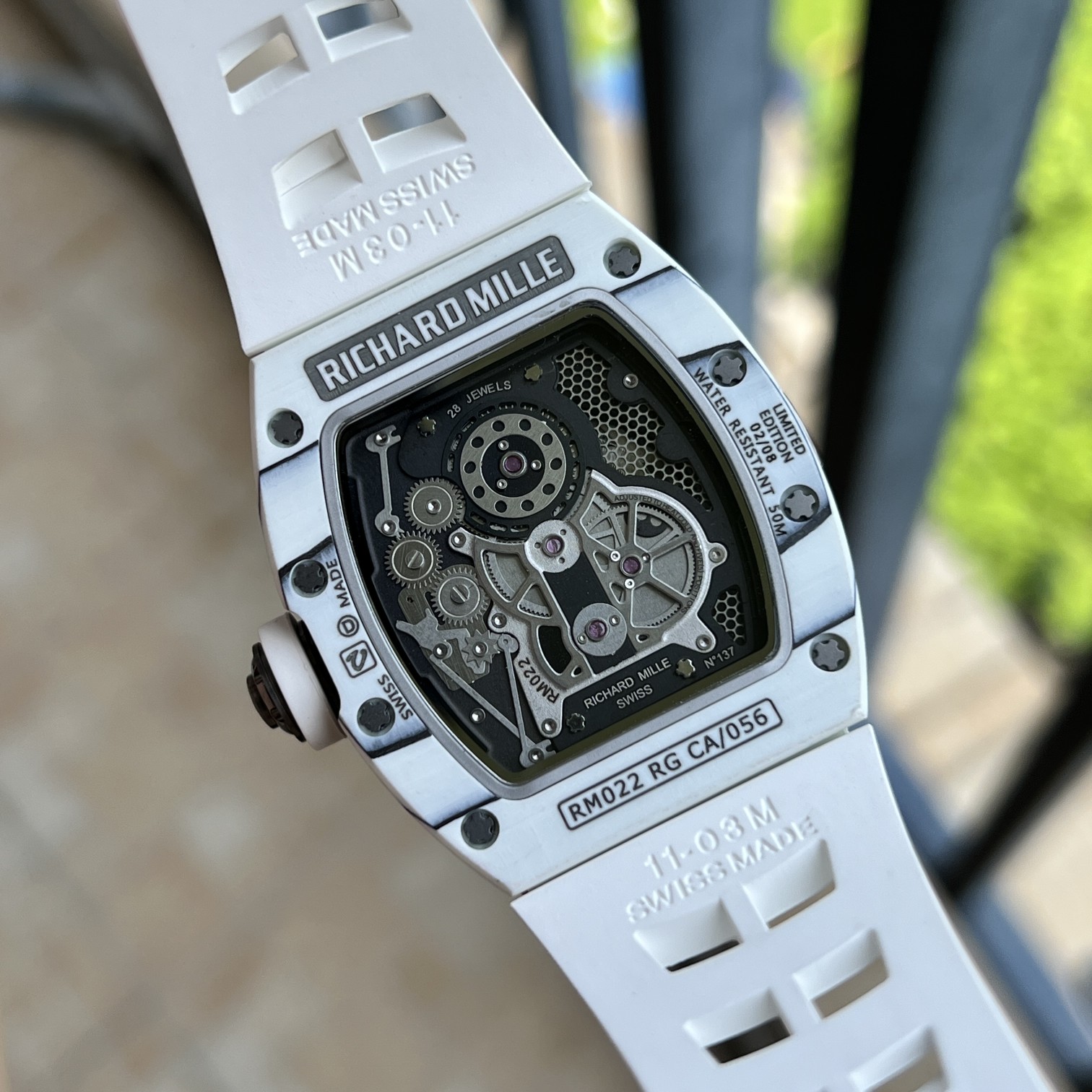 Richard Mille RM 022 Replica White Case White Strap Watch For Men – Skeletonized Dial And Carbon Fiber Case