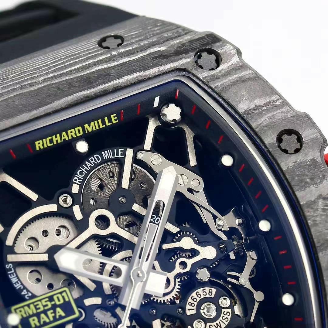 Richard Mille RM 35-01 Rafael Nadal Replica Swiss Watch – Skeleton Dial, NTPT Carbon Case, Black Rubber Strap
