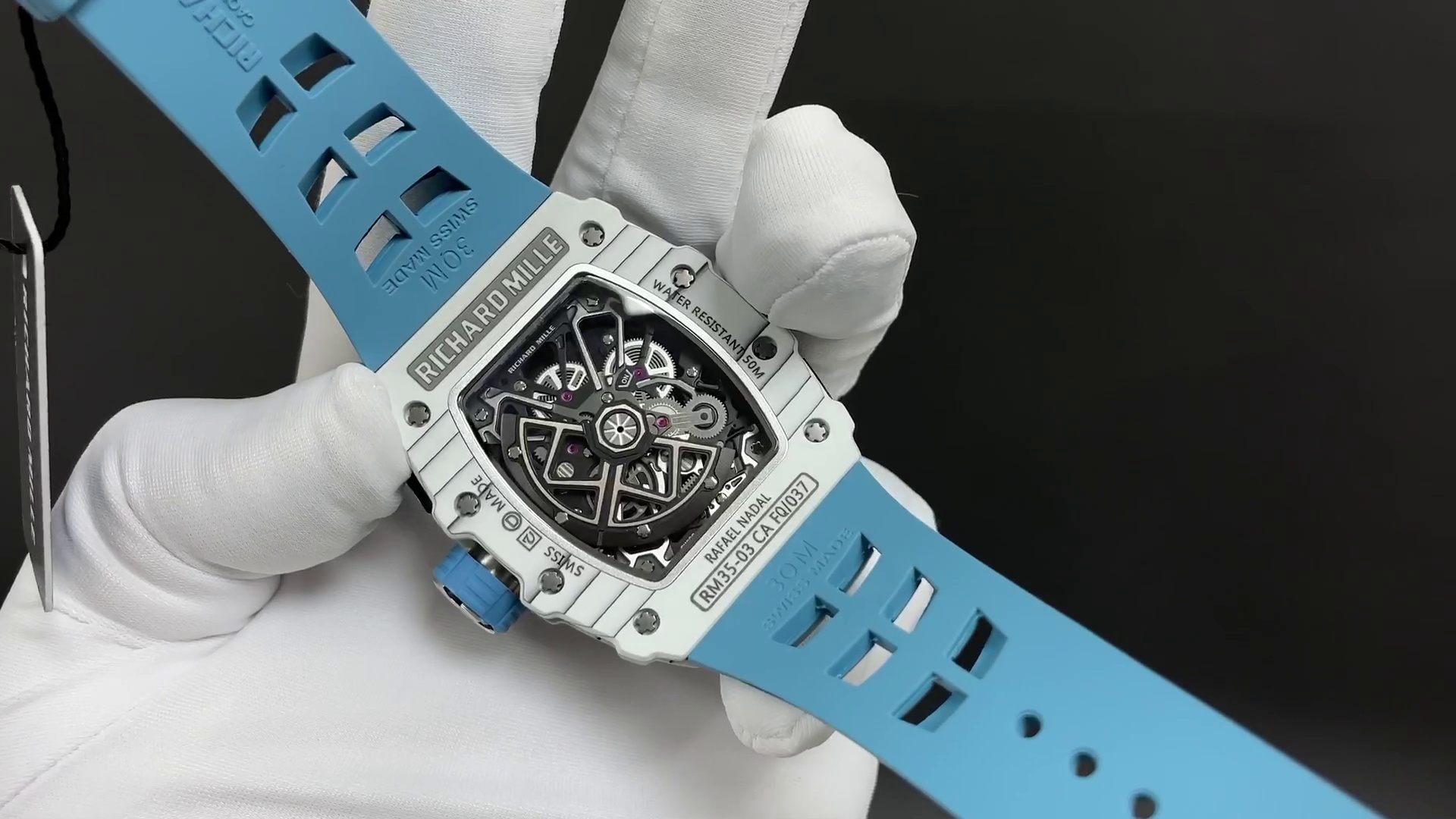 Best Swiss Richard Mille RM 35-03 Replica Rafael Nadal Watch for Men | White Carbon Fiber Case | Blue Strap