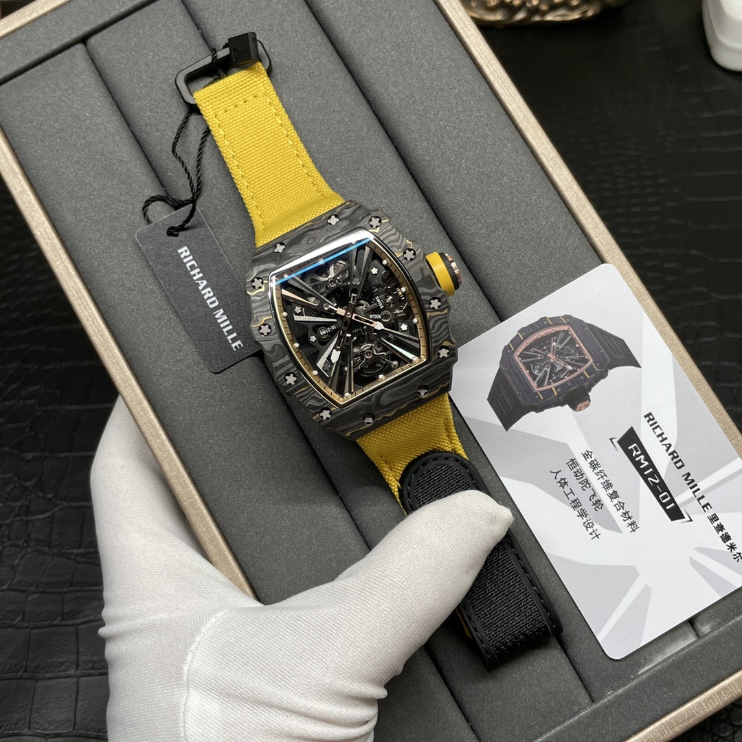 Swiss Replica Richard Mille RM 12-01 Tourbillon Watch – Bold Yellow Fabric Strap, Carbon Fiber Barrel Case, Skeleton Dial