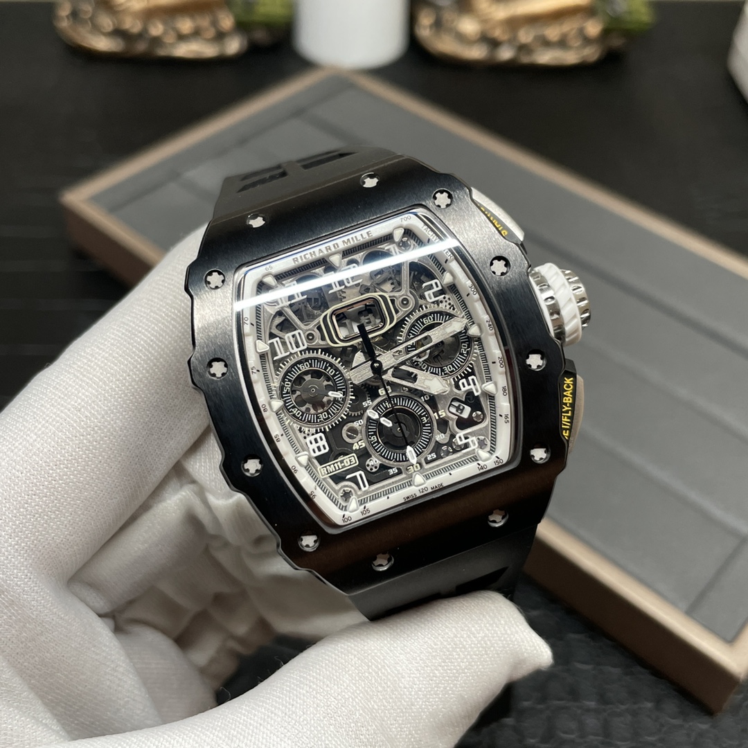 Richard Mille RM 11-03 Replica Black Ceramic Case with Black Rubber Strap | Skeleton Dial Watch For Men