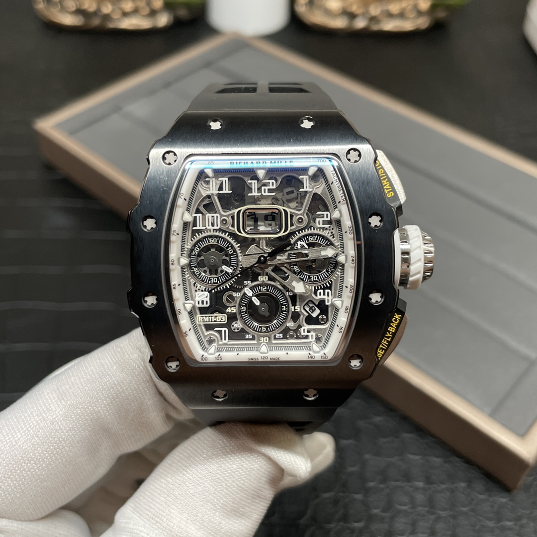 Richard Mille RM 11-03 Replica Black Ceramic Case with Black Rubber Strap | Skeleton Dial Watch For Men