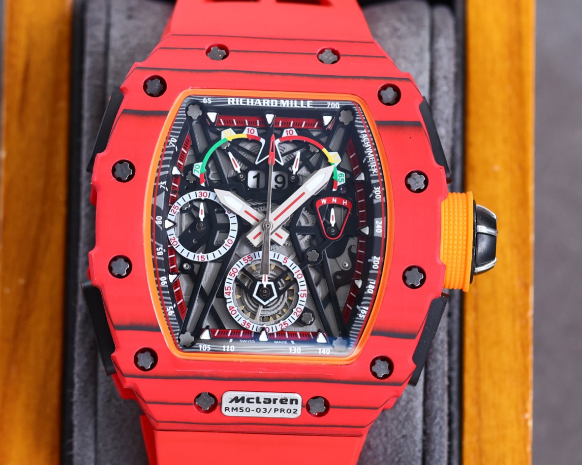 Best Richard Mille RM 50-03 Mclaren Replica Red Strap Watch For Men – Red Carbon Skeleton Dial with Swiss Movement