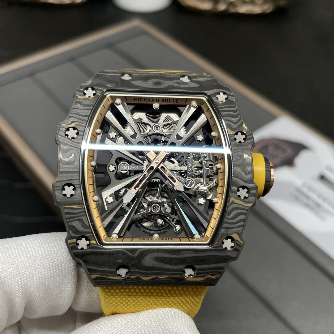 Swiss Replica Richard Mille RM 12-01 Tourbillon Watch – Bold Yellow Fabric Strap, Carbon Fiber Barrel Case, Skeleton Dial