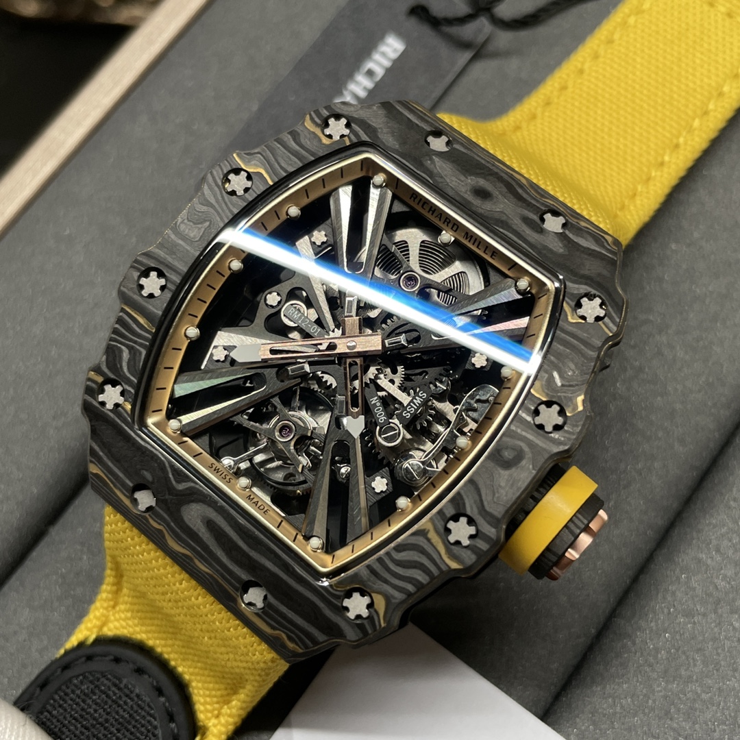 Swiss Replica Richard Mille RM 12-01 Tourbillon Watch – Bold Yellow Fabric Strap, Carbon Fiber Barrel Case, Skeleton Dial