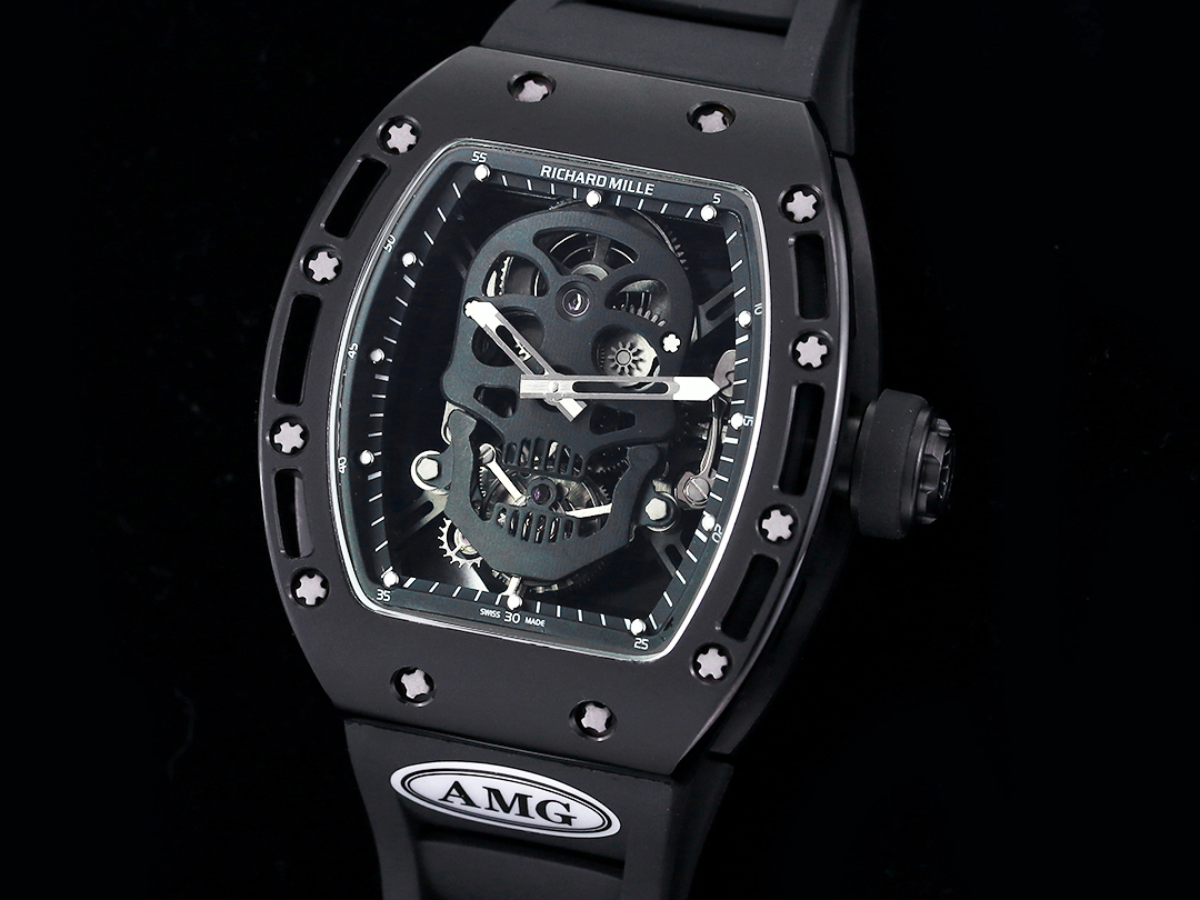 Swiss Richard Mille RM 052 Replica Watch – Skeleton Tourbillon, Skull Face, Black Rubber Strap, AAAAA Quality