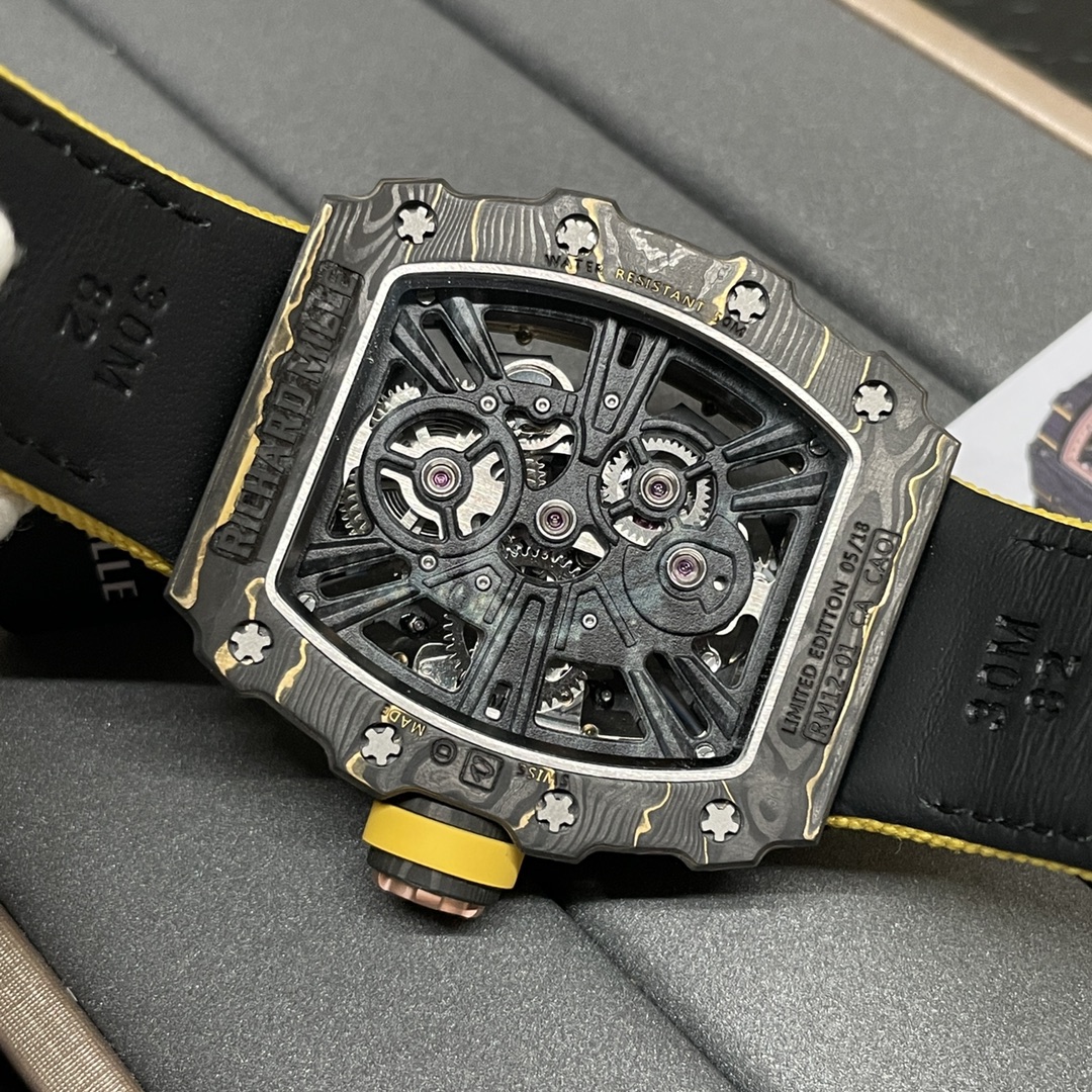 Swiss Replica Richard Mille RM 12-01 Tourbillon Watch – Bold Yellow Fabric Strap, Carbon Fiber Barrel Case, Skeleton Dial