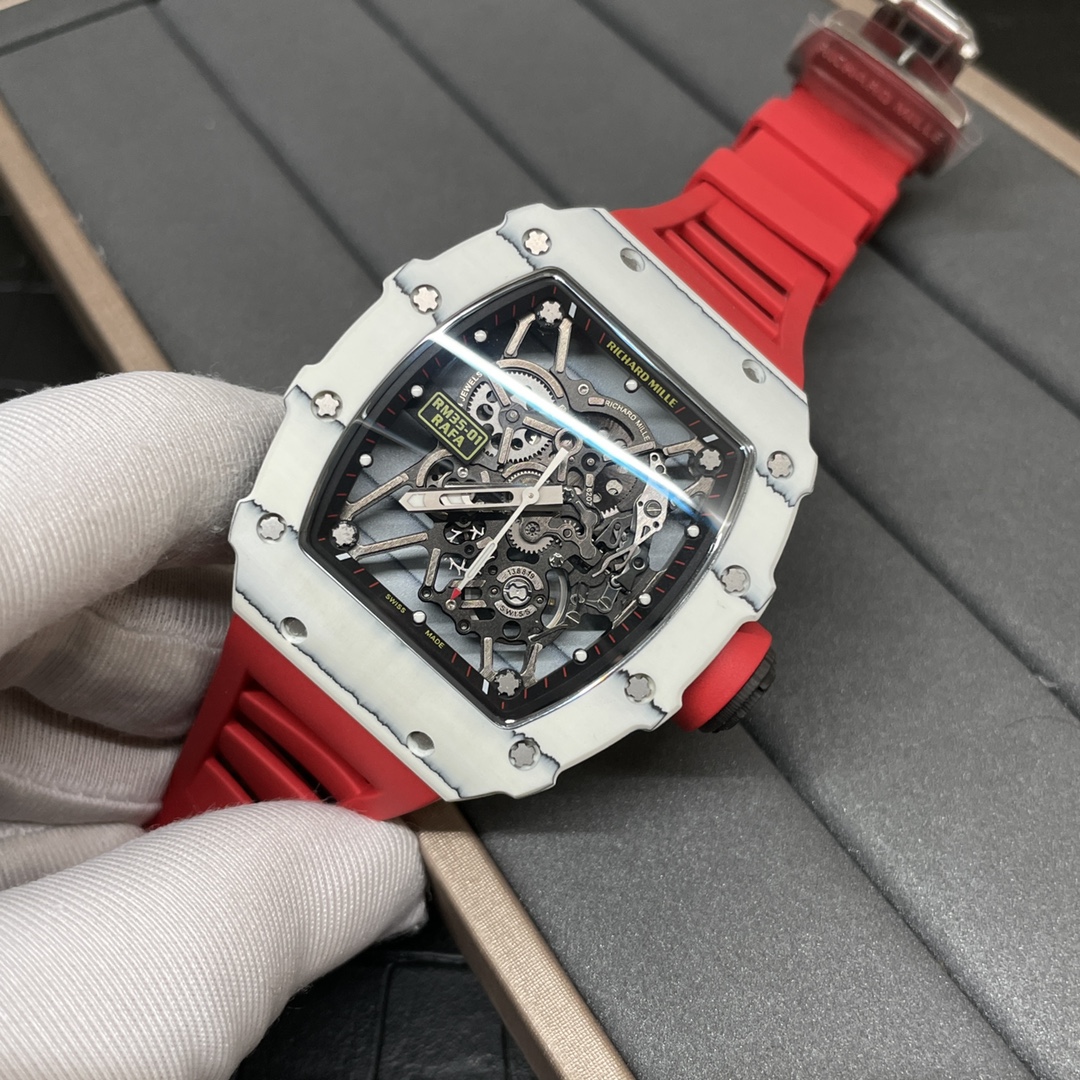 Richard Mille RM 35-01 Replica Rafael Nadal White Carbon Case Red Strap Watch | Swiss Movement, Skeleton Dial