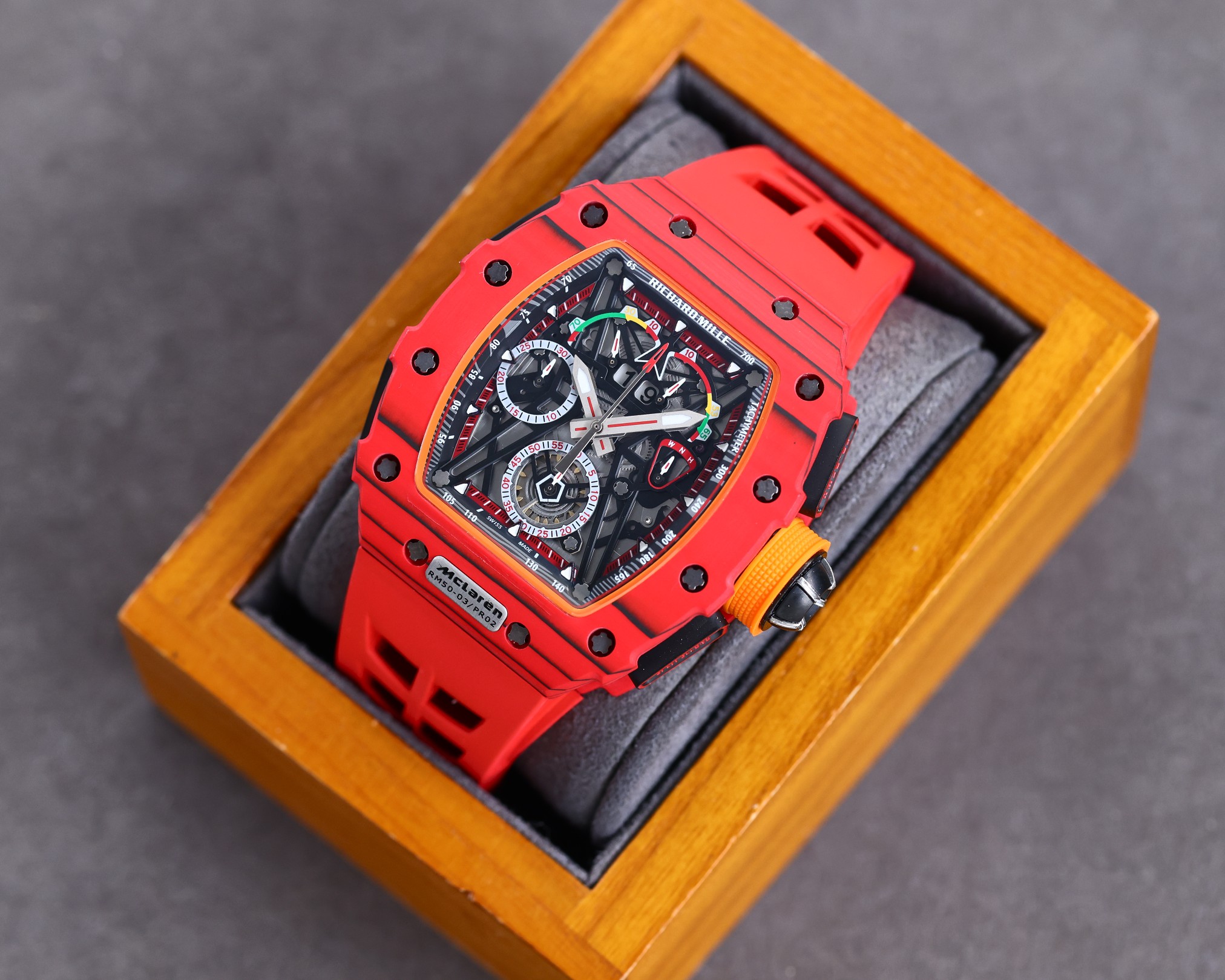 Best Richard Mille RM 50-03 Mclaren Replica Red Strap Watch For Men – Red Carbon Skeleton Dial with Swiss Movement