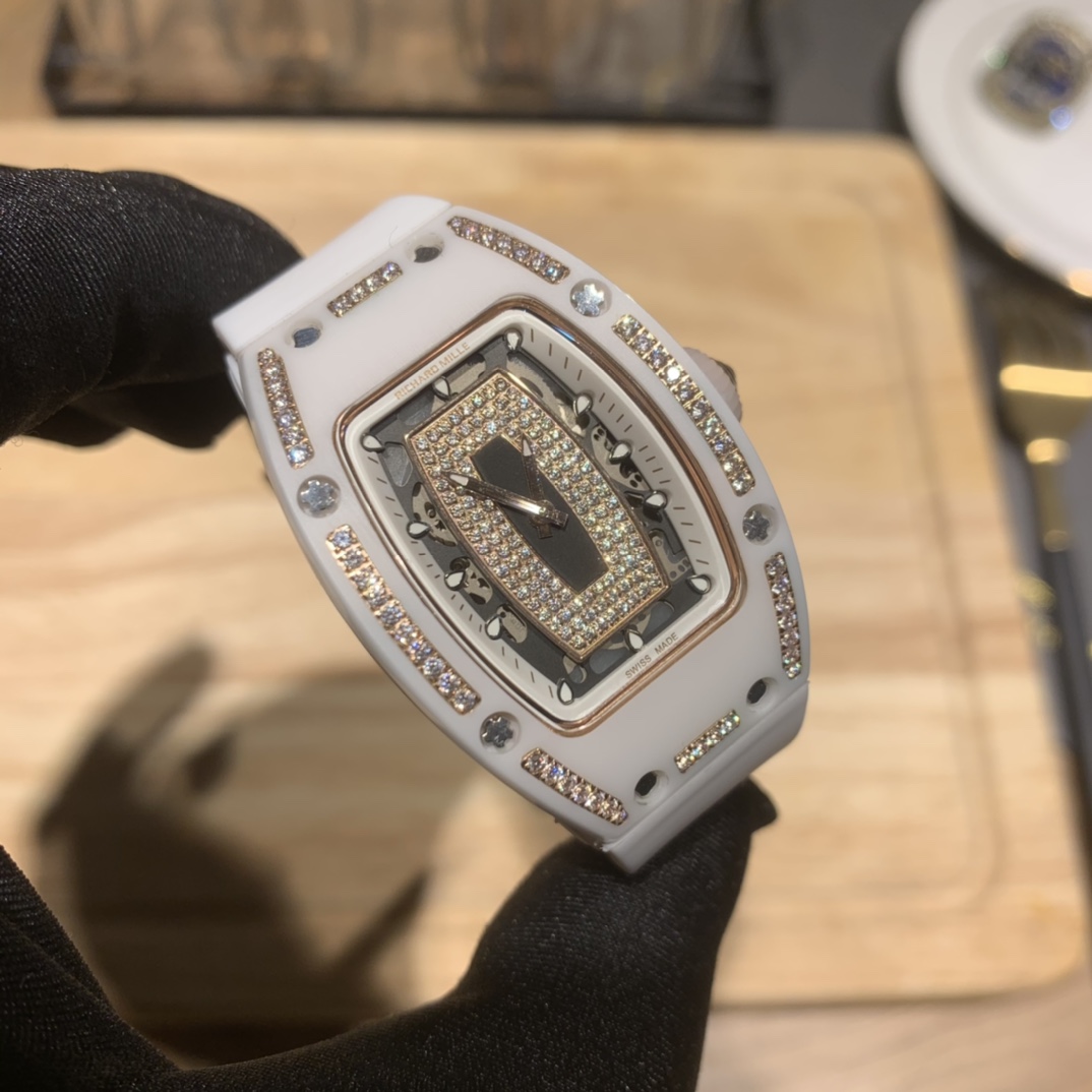 Elegant Swiss Richard Mille RM 07-01 Replica White Ceramic & Rose Gold Diamond Dial Watch – Luxury Style For Women