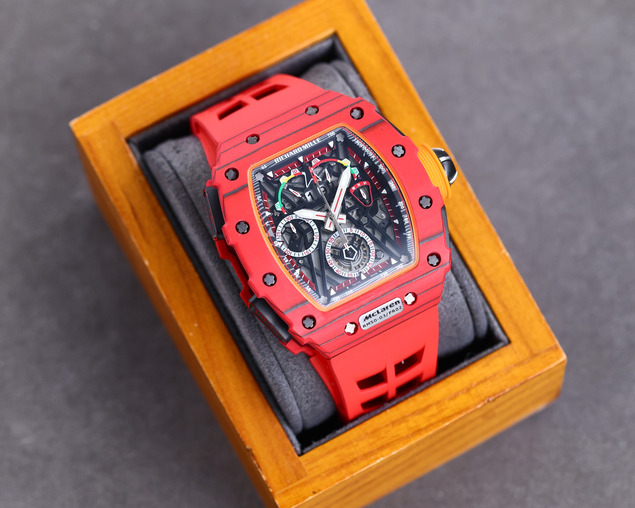 Best Richard Mille RM 50-03 Mclaren Replica Red Strap Watch For Men – Red Carbon Skeleton Dial with Swiss Movement