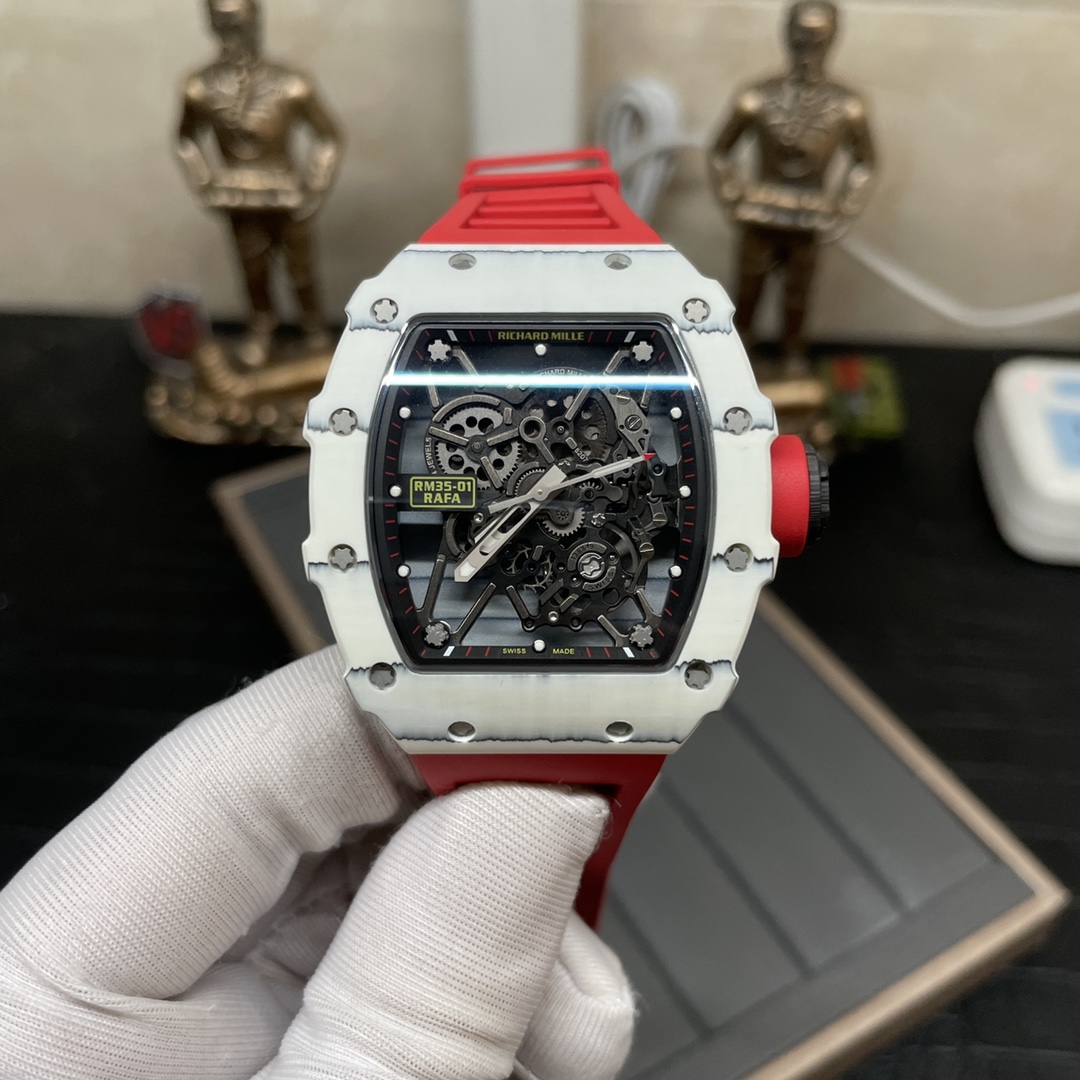 Richard Mille RM 35-01 Replica Rafael Nadal White Carbon Case Red Strap Watch | Swiss Movement, Skeleton Dial