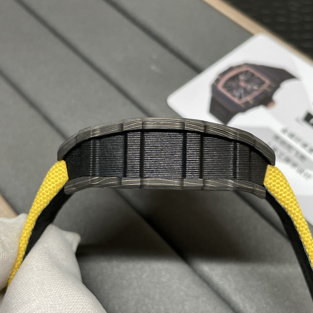 Swiss Replica Richard Mille RM 12-01 Tourbillon Watch – Bold Yellow Fabric Strap, Carbon Fiber Barrel Case, Skeleton Dial
