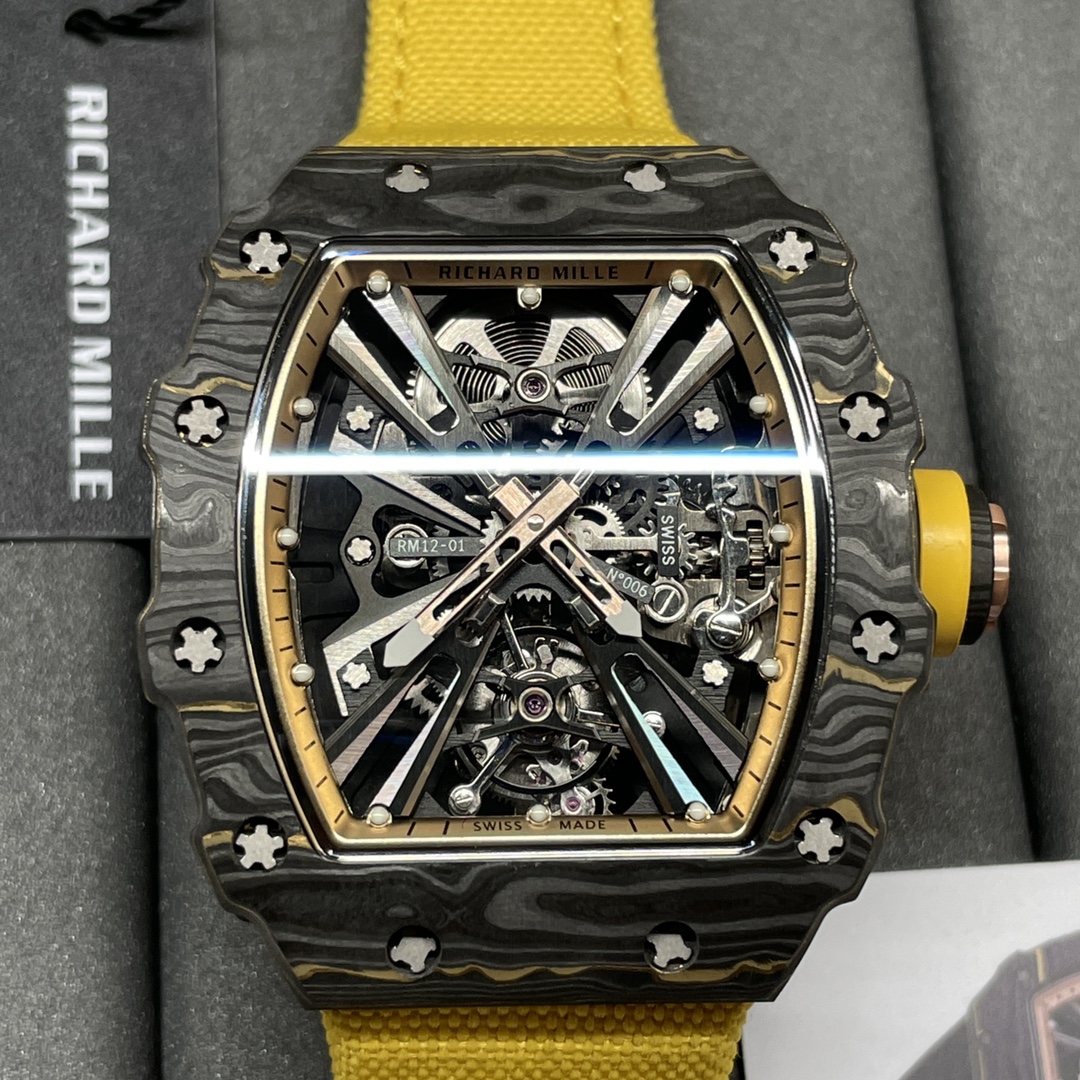 Swiss Replica Richard Mille RM 12-01 Tourbillon Watch – Bold Yellow Fabric Strap, Carbon Fiber Barrel Case, Skeleton Dial