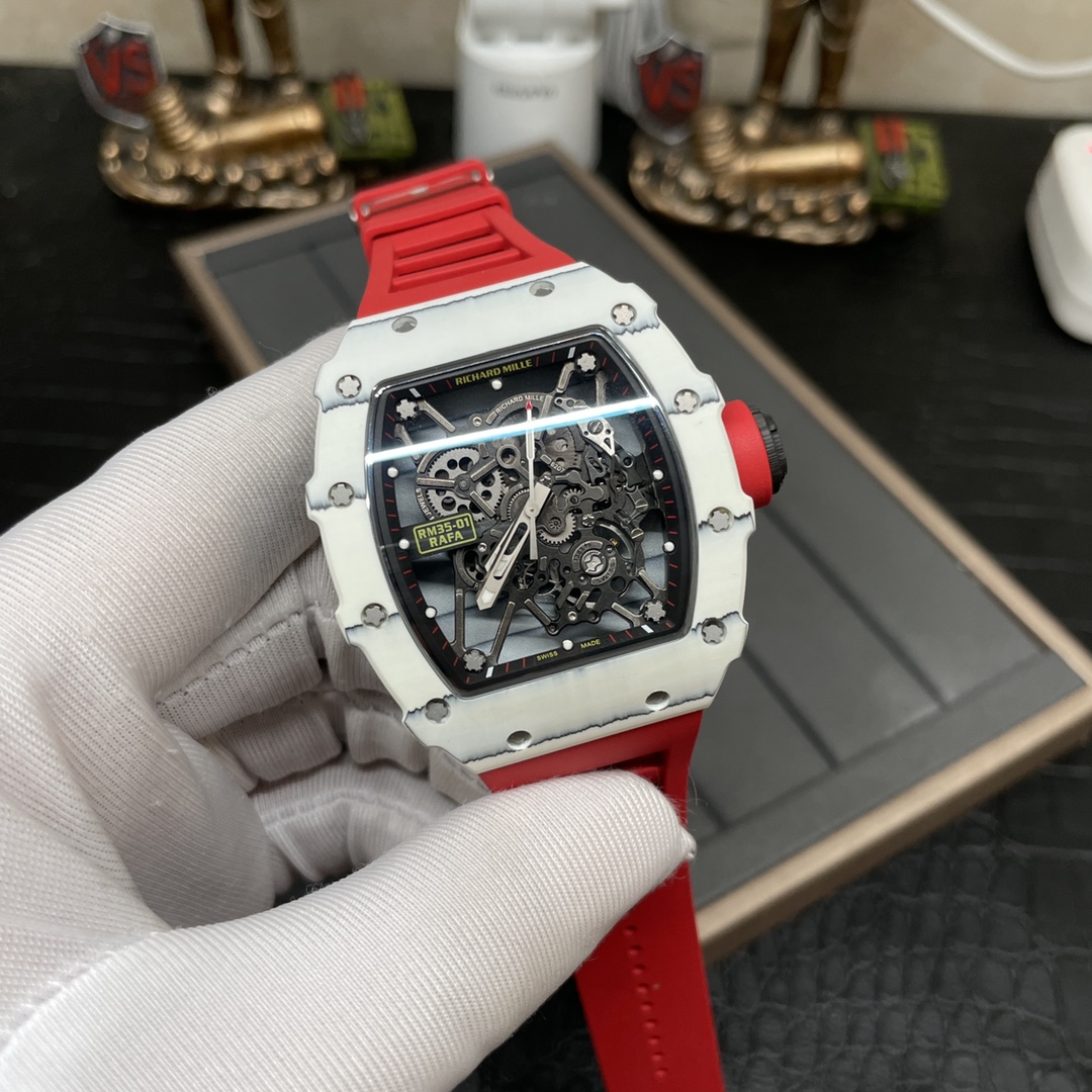 Richard Mille RM 35-01 Replica Rafael Nadal White Carbon Case Red Strap Watch | Swiss Movement, Skeleton Dial