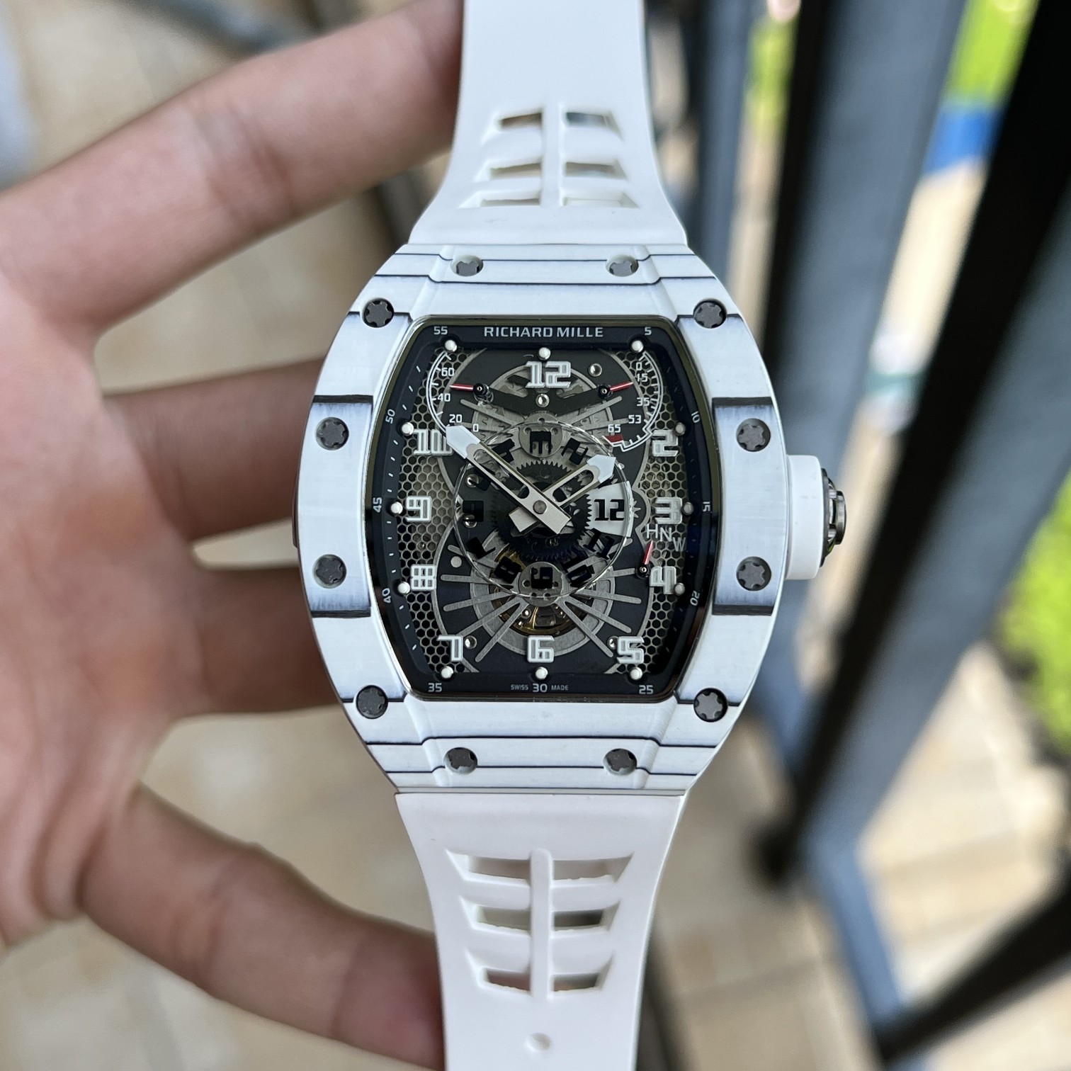 Richard Mille RM 022 Replica White Case White Strap Watch For Men – Skeletonized Dial And Carbon Fiber Case