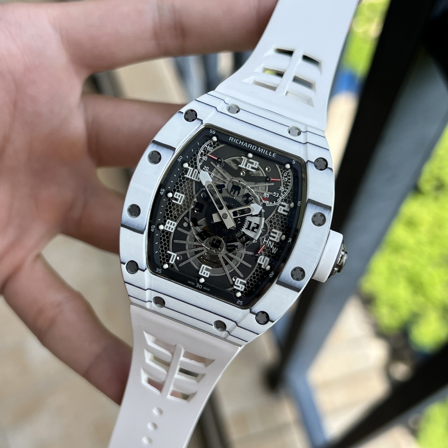 Richard Mille RM 022 Replica White Case White Strap Watch For Men – Skeletonized Dial And Carbon Fiber Case