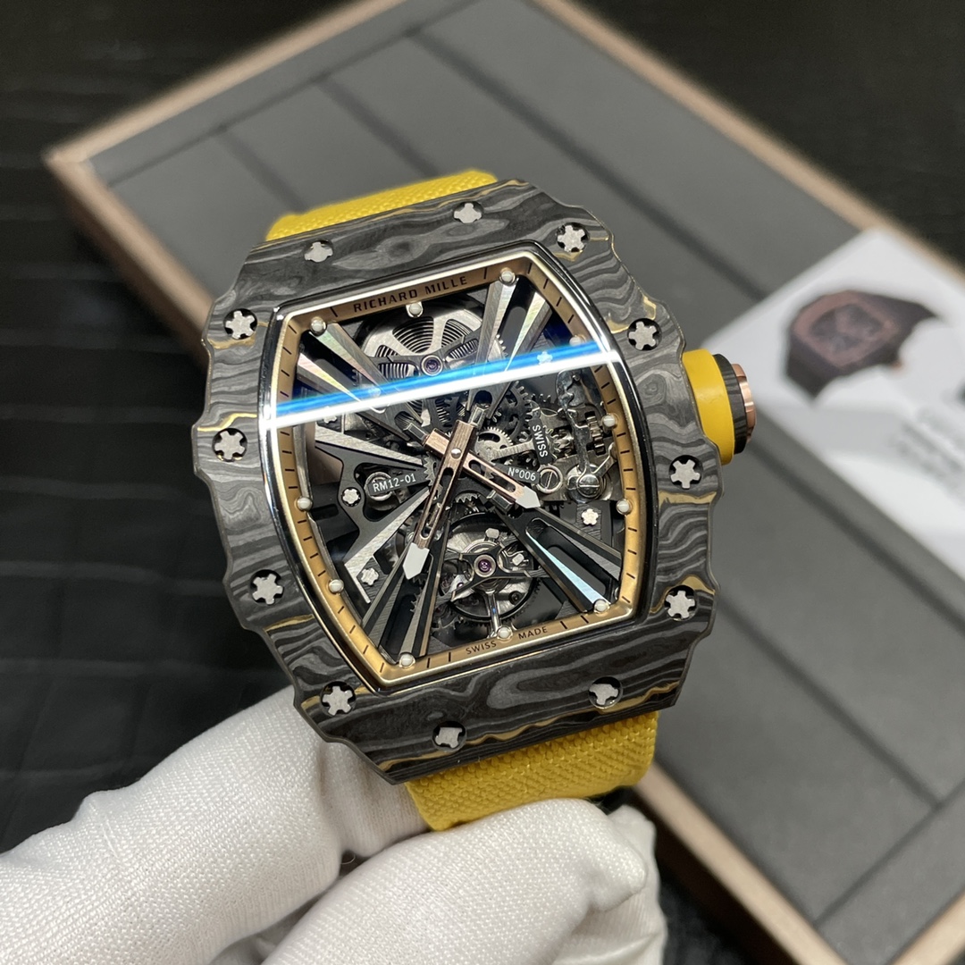 Swiss Replica Richard Mille RM 12-01 Tourbillon Watch – Bold Yellow Fabric Strap, Carbon Fiber Barrel Case, Skeleton Dial