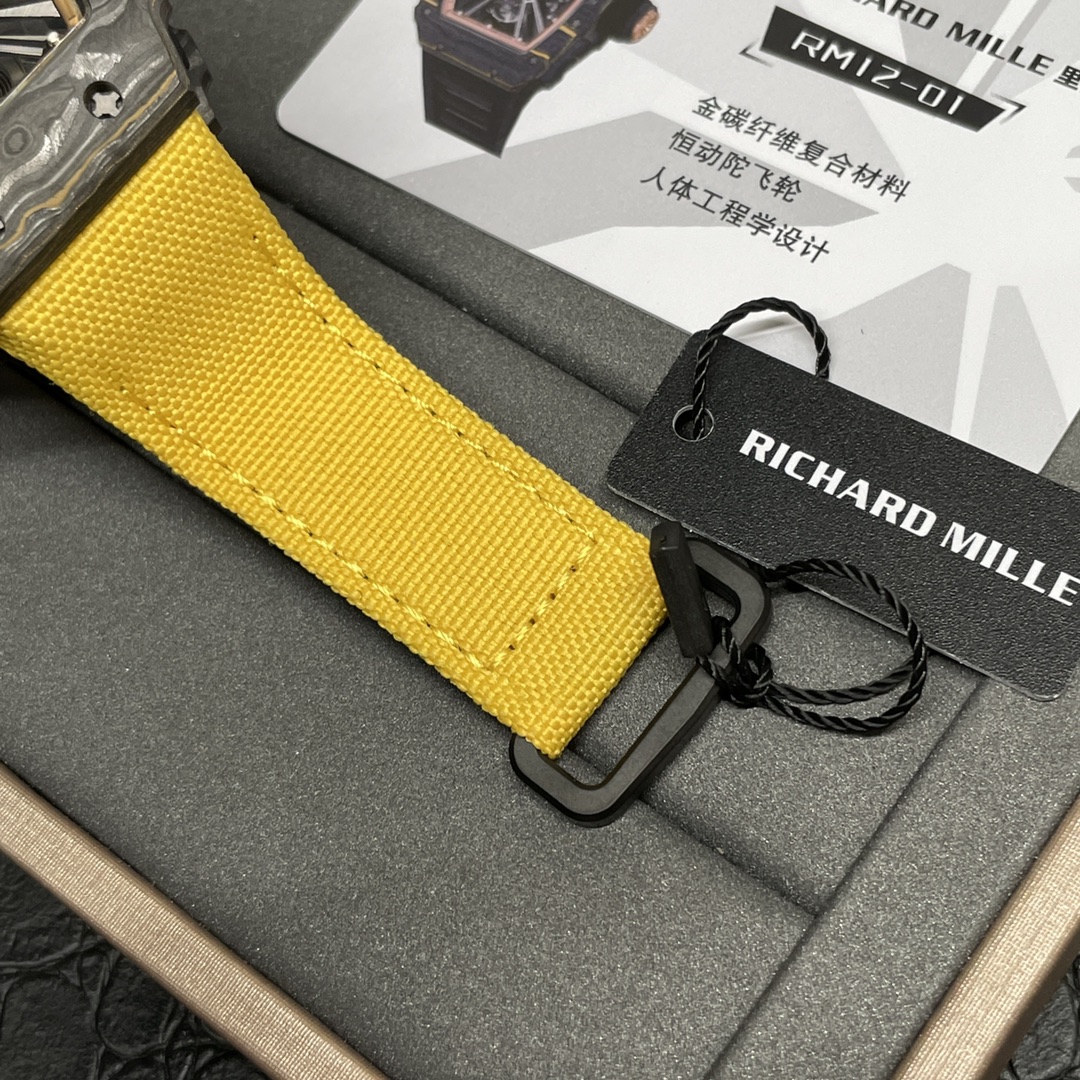 Swiss Replica Richard Mille RM 12-01 Tourbillon Watch – Bold Yellow Fabric Strap, Carbon Fiber Barrel Case, Skeleton Dial