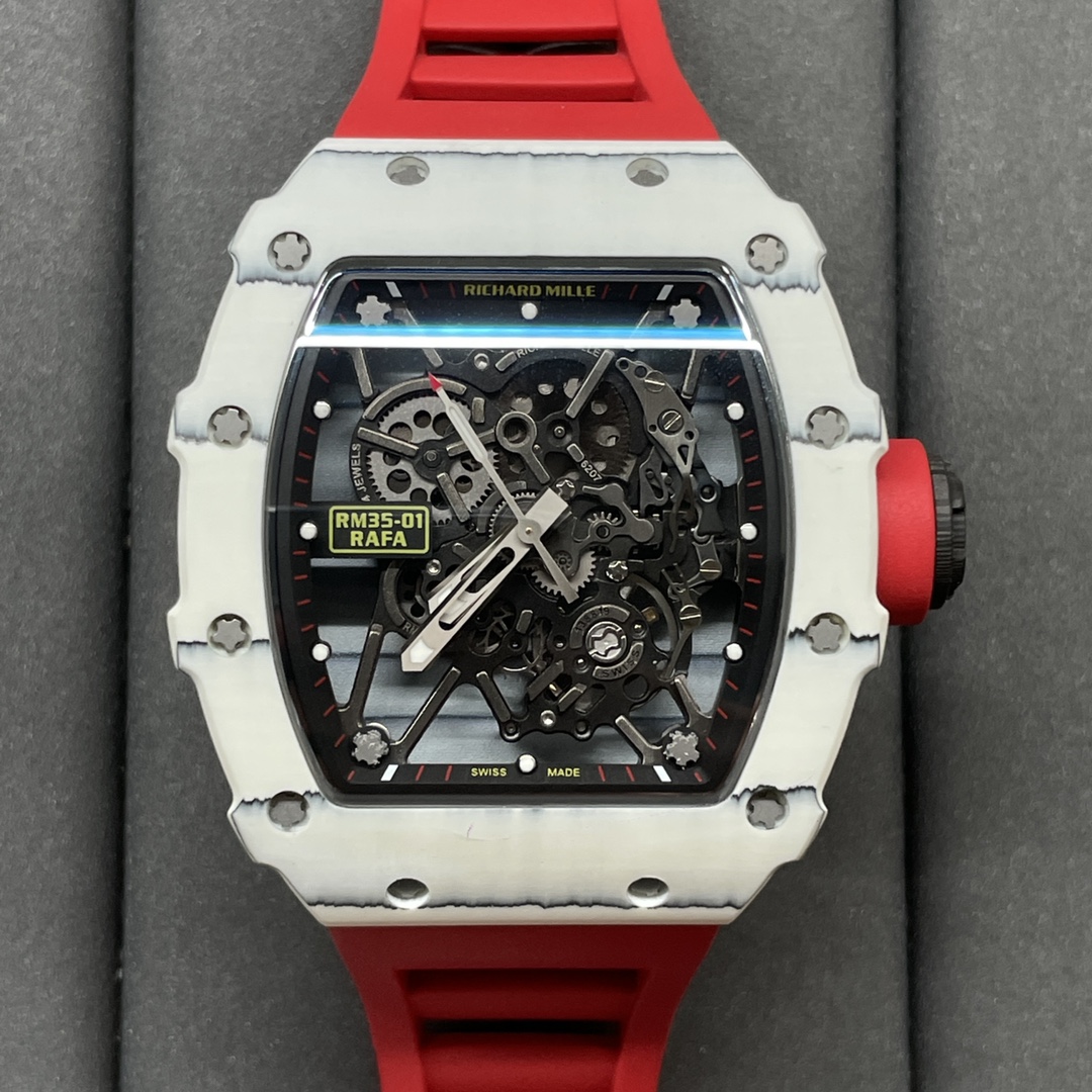 Richard Mille RM 35-01 Replica Rafael Nadal White Carbon Case Red Strap Watch | Swiss Movement, Skeleton Dial