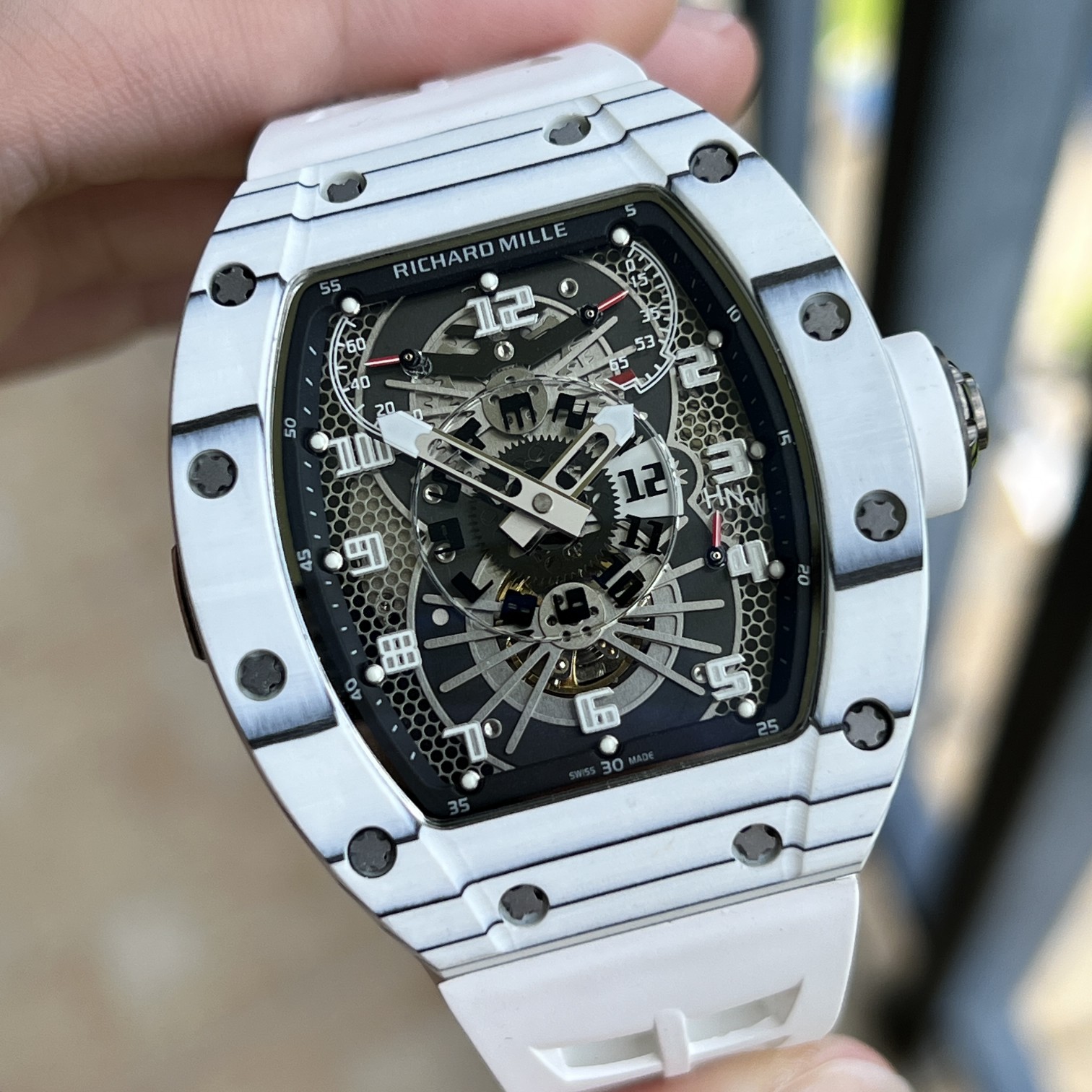 Richard Mille RM 022 Replica White Case White Strap Watch For Men – Skeletonized Dial And Carbon Fiber Case